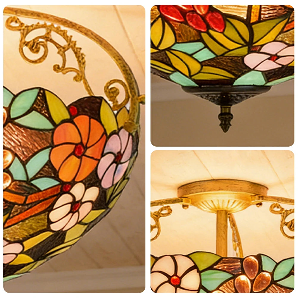 LIVARA European Vintage Grape Floral Pattern Stained Glass Ceiling Light 3-Light Design Even Lighting 42x38cm Suitable for Living Room Bedroom Dining Hallway