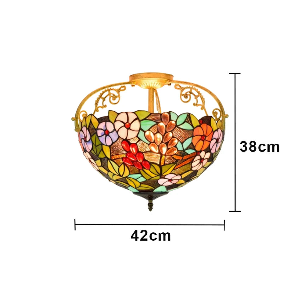 LIVARA European Vintage Grape Floral Pattern Stained Glass Ceiling Light 3-Light Design Even Lighting 42x38cm Suitable for Living Room Bedroom Dining Hallway