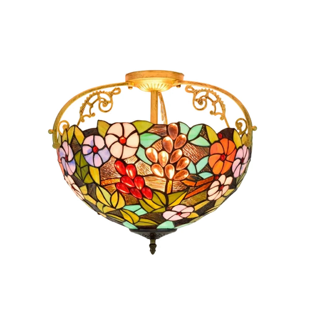 LIVARA European Vintage Grape Floral Pattern Stained Glass Ceiling Light 3-Light Design Even Lighting 42x38cm Suitable for Living Room Bedroom Dining Hallway