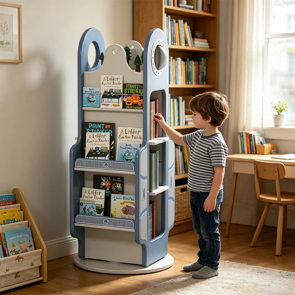 LIVARA Rotating Kids Bookshelf with 360 Degree Smooth Rotation and Rounded Edges for Kids Room and Reading Corner