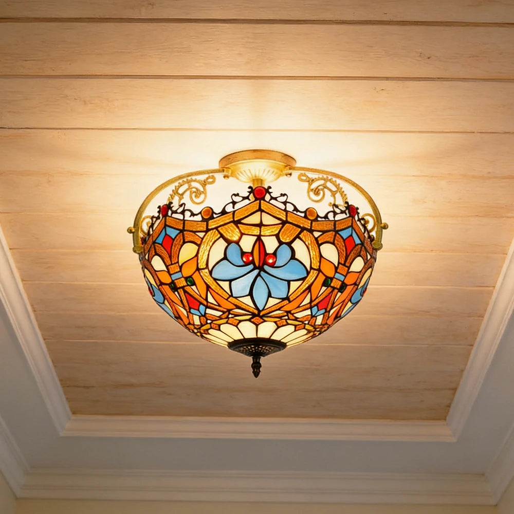 LIVARA European Vintage Heart Pattern Stained Glass Ceiling Light 3-Light Design Even Lighting 42x38cm Suitable for Living Room Bedroom Dining Hallway