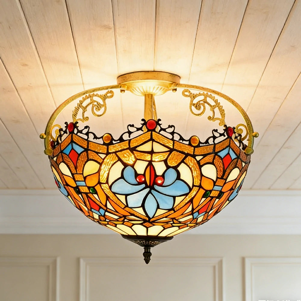 LIVARA European Vintage Heart Pattern Stained Glass Ceiling Light 3-Light Design Even Lighting 42x38cm Suitable for Living Room Bedroom Dining Hallway