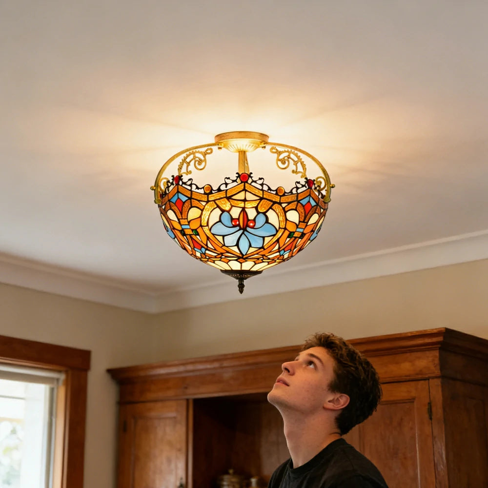 LIVARA European Vintage Heart Pattern Stained Glass Ceiling Light 3-Light Design Even Lighting 42x38cm Suitable for Living Room Bedroom Dining Hallway