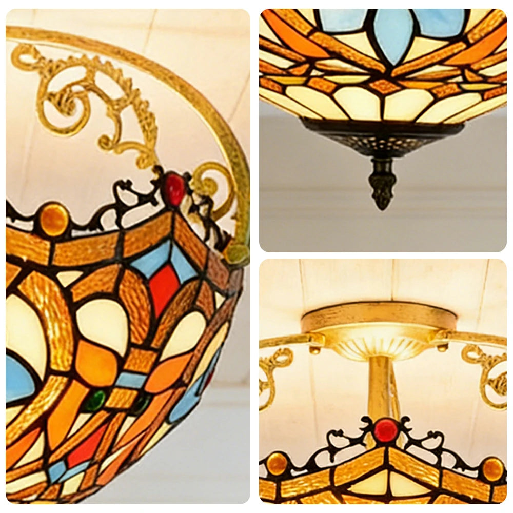 LIVARA European Vintage Heart Pattern Stained Glass Ceiling Light 3-Light Design Even Lighting 42x38cm Suitable for Living Room Bedroom Dining Hallway
