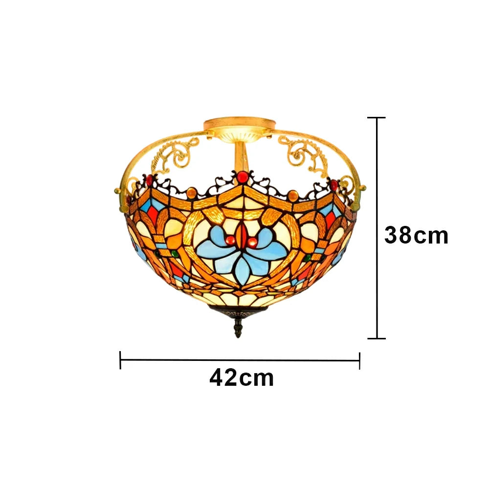 LIVARA European Vintage Heart Pattern Stained Glass Ceiling Light 3-Light Design Even Lighting 42x38cm Suitable for Living Room Bedroom Dining Hallway