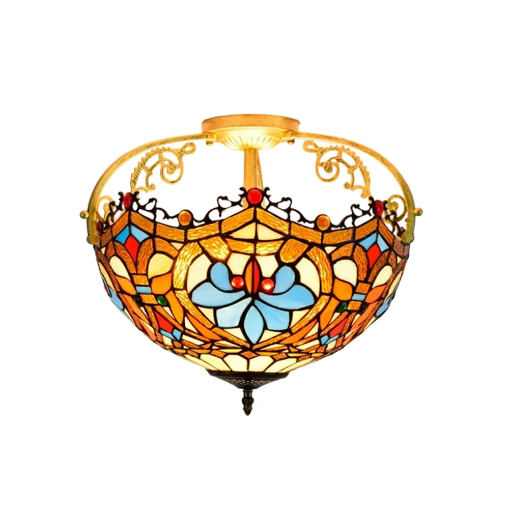 LIVARA European Vintage Heart Pattern Stained Glass Ceiling Light 3-Light Design Even Lighting 42x38cm Suitable for Living Room Bedroom Dining Hallway