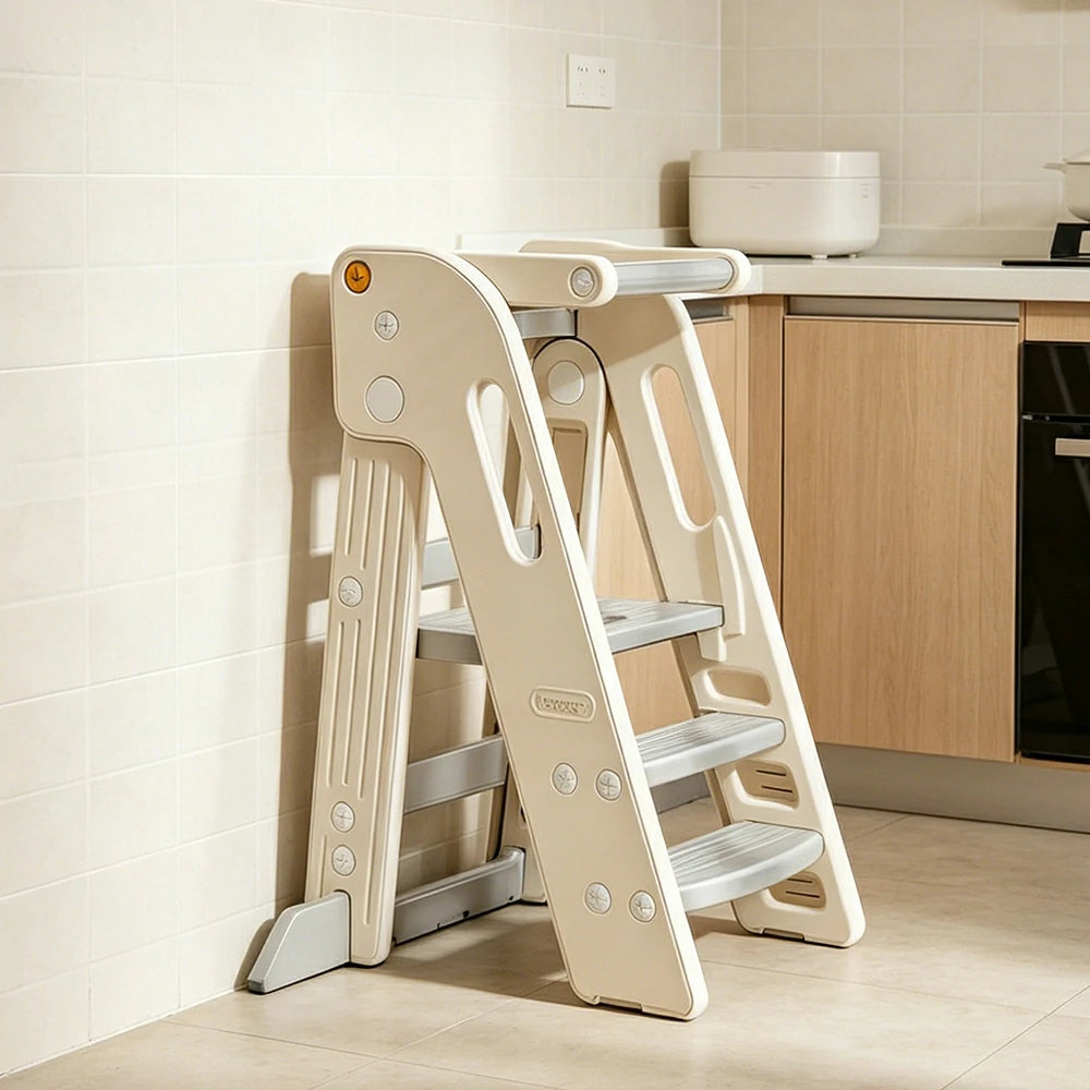 LIVARA Kids Learning Step Stool with Foldable Design and Safety Guardrail for Kitchen Sink and Study Area - Beige