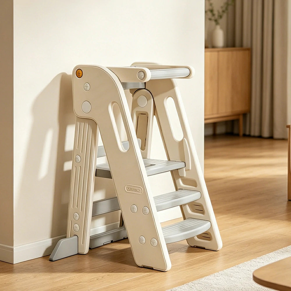 LIVARA Kids Learning Step Stool with Foldable Design and Safety Guardrail for Kitchen Sink and Study Area - Beige