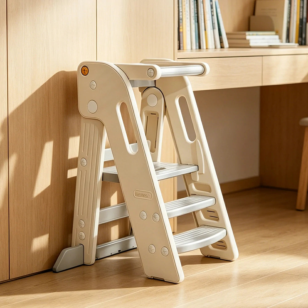 LIVARA Kids Learning Step Stool with Foldable Design and Safety Guardrail for Kitchen Sink and Study Area - Beige
