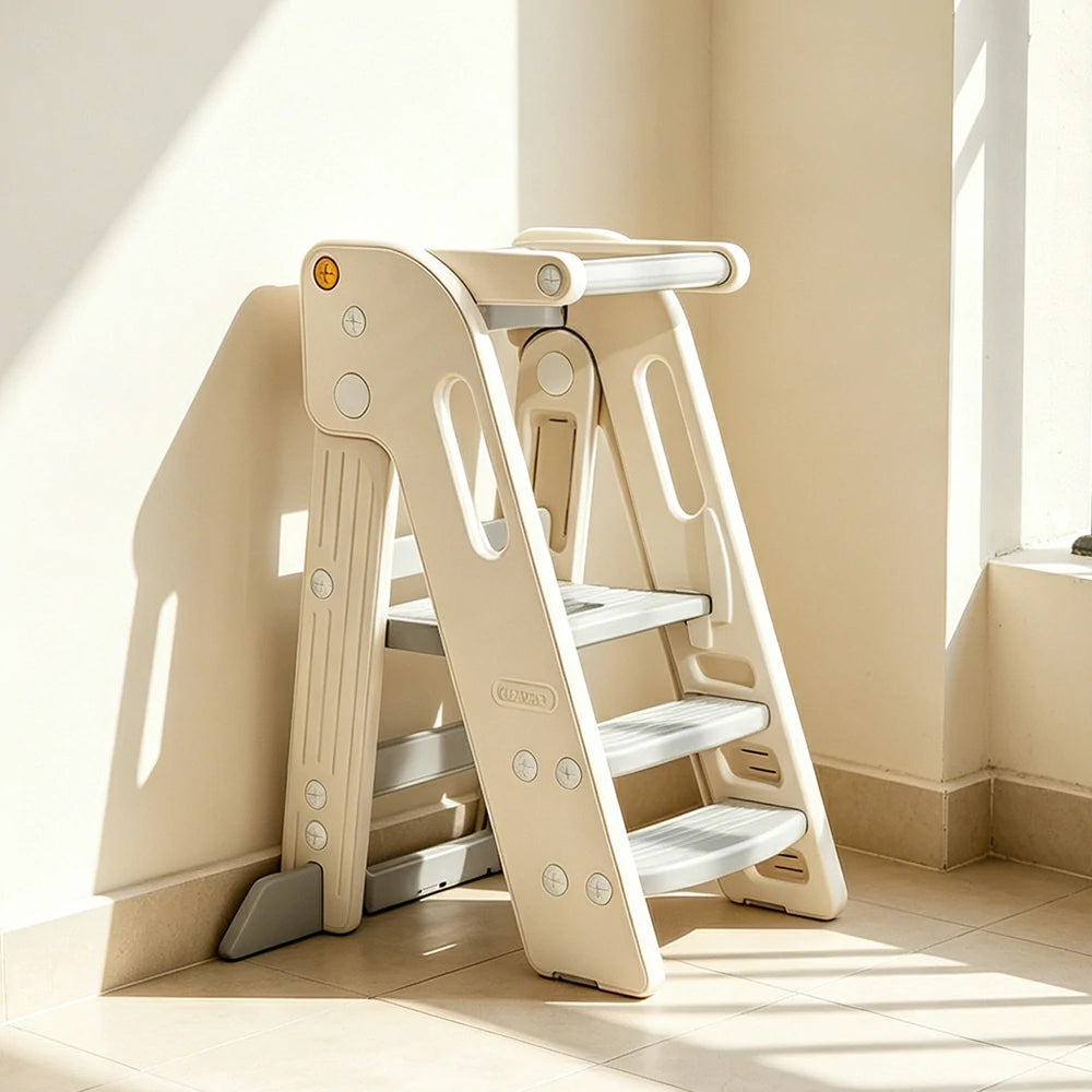 LIVARA Kids Learning Step Stool with Foldable Design and Safety Guardrail for Kitchen Sink and Study Area - Beige