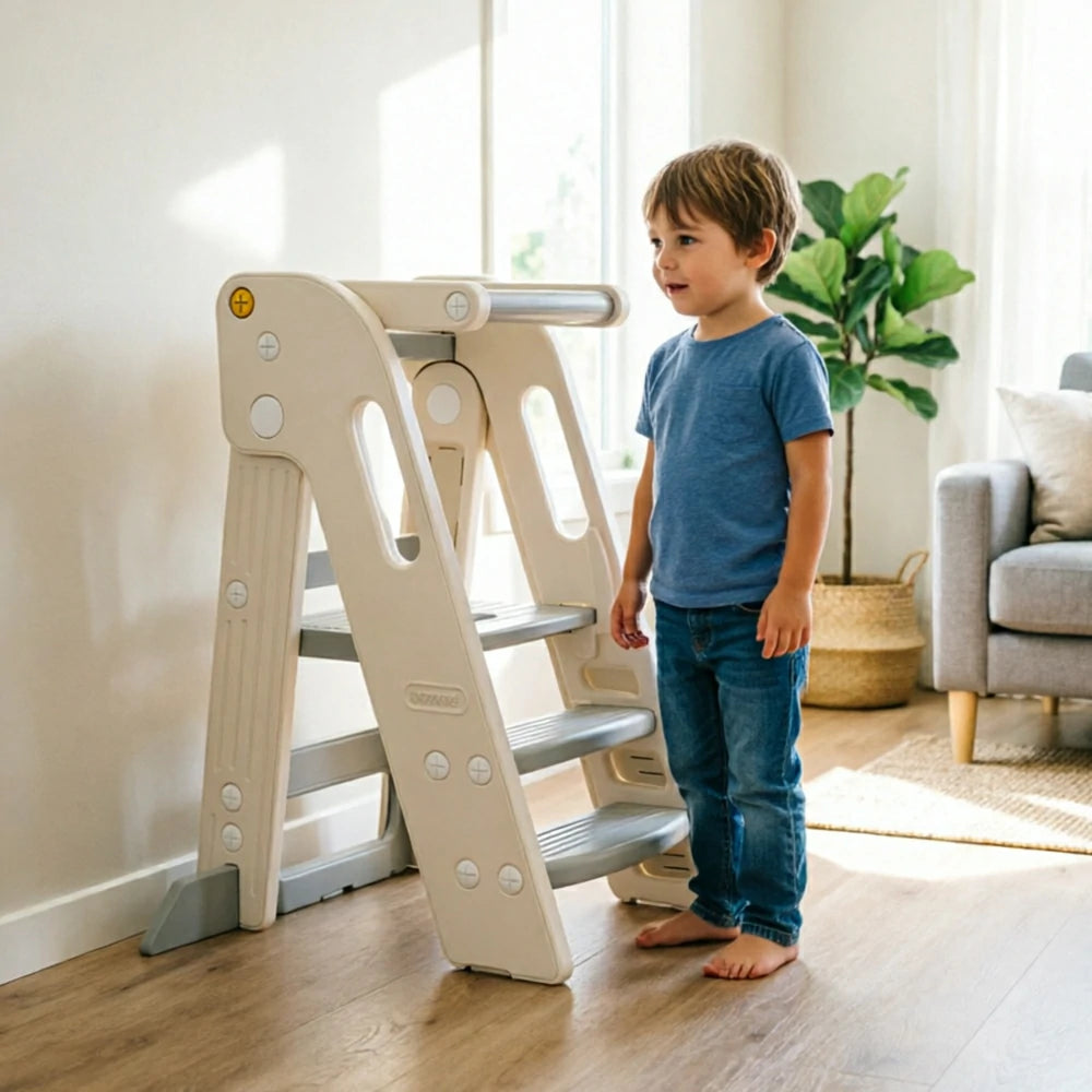 LIVARA Kids Learning Step Stool with Foldable Design and Safety Guardrail for Kitchen Sink and Study Area - Beige