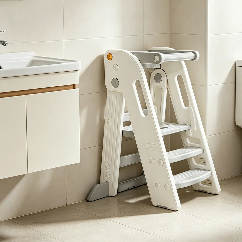 LIVARA Kids Learning Step Stool with Foldable Design and Safety Guardrail for Kitchen Sink and Study Area - Grey