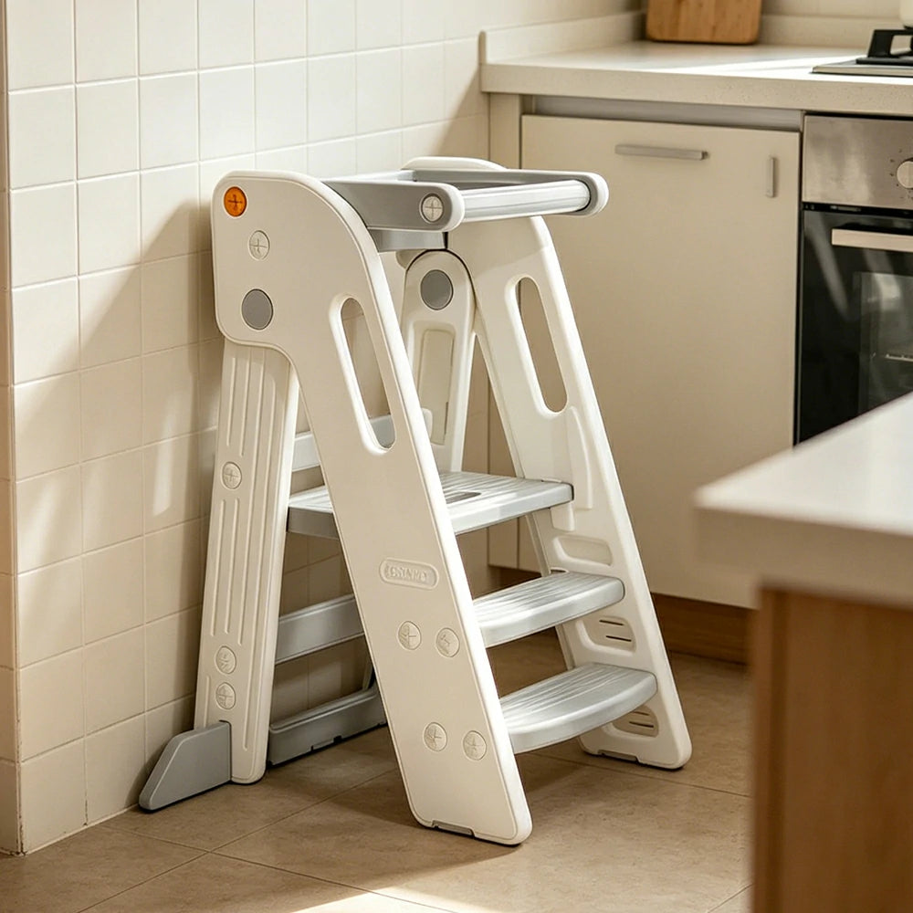 LIVARA Kids Learning Step Stool with Foldable Design and Safety Guardrail for Kitchen Sink and Study Area - Grey