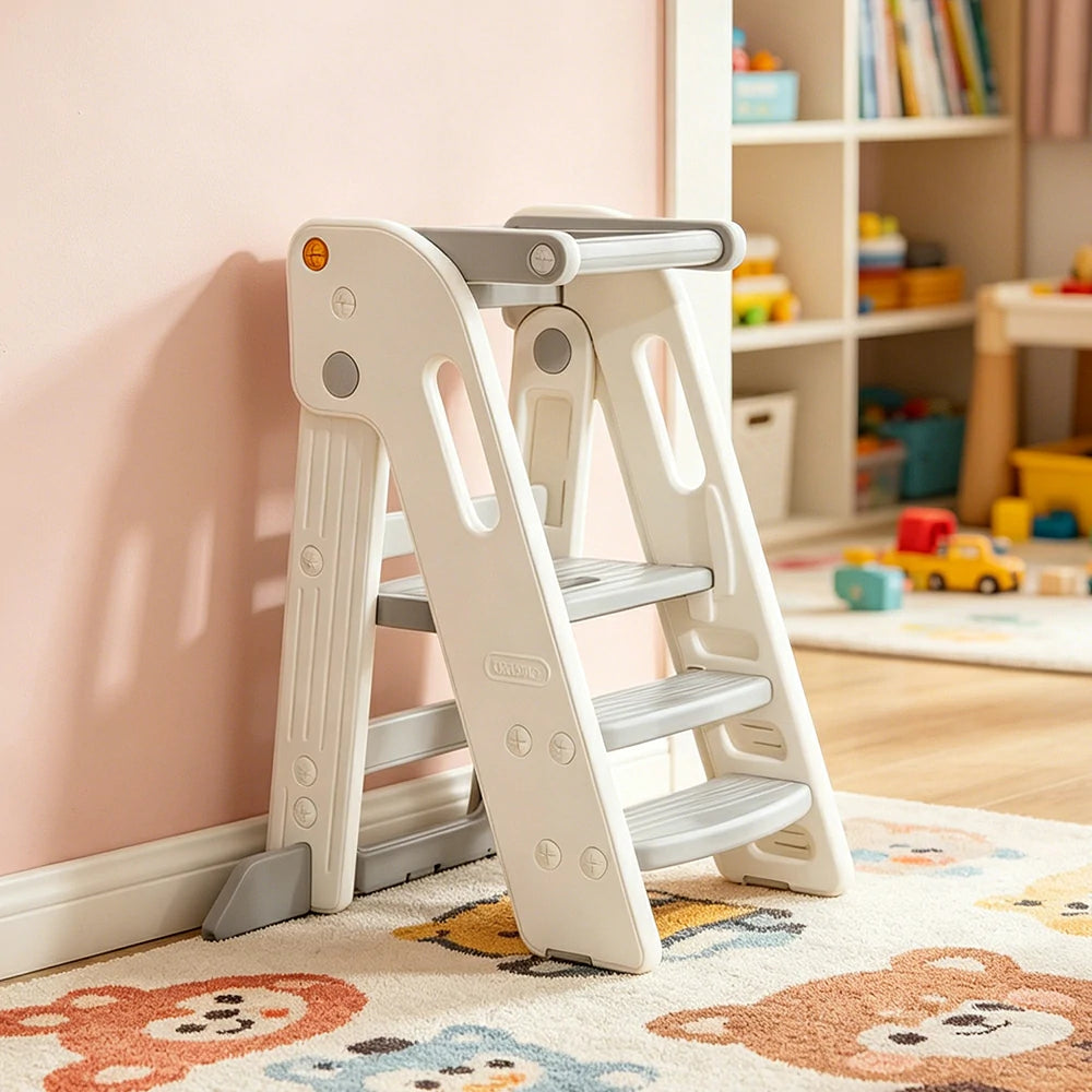 LIVARA Kids Learning Step Stool with Foldable Design and Safety Guardrail for Kitchen Sink and Study Area - Grey