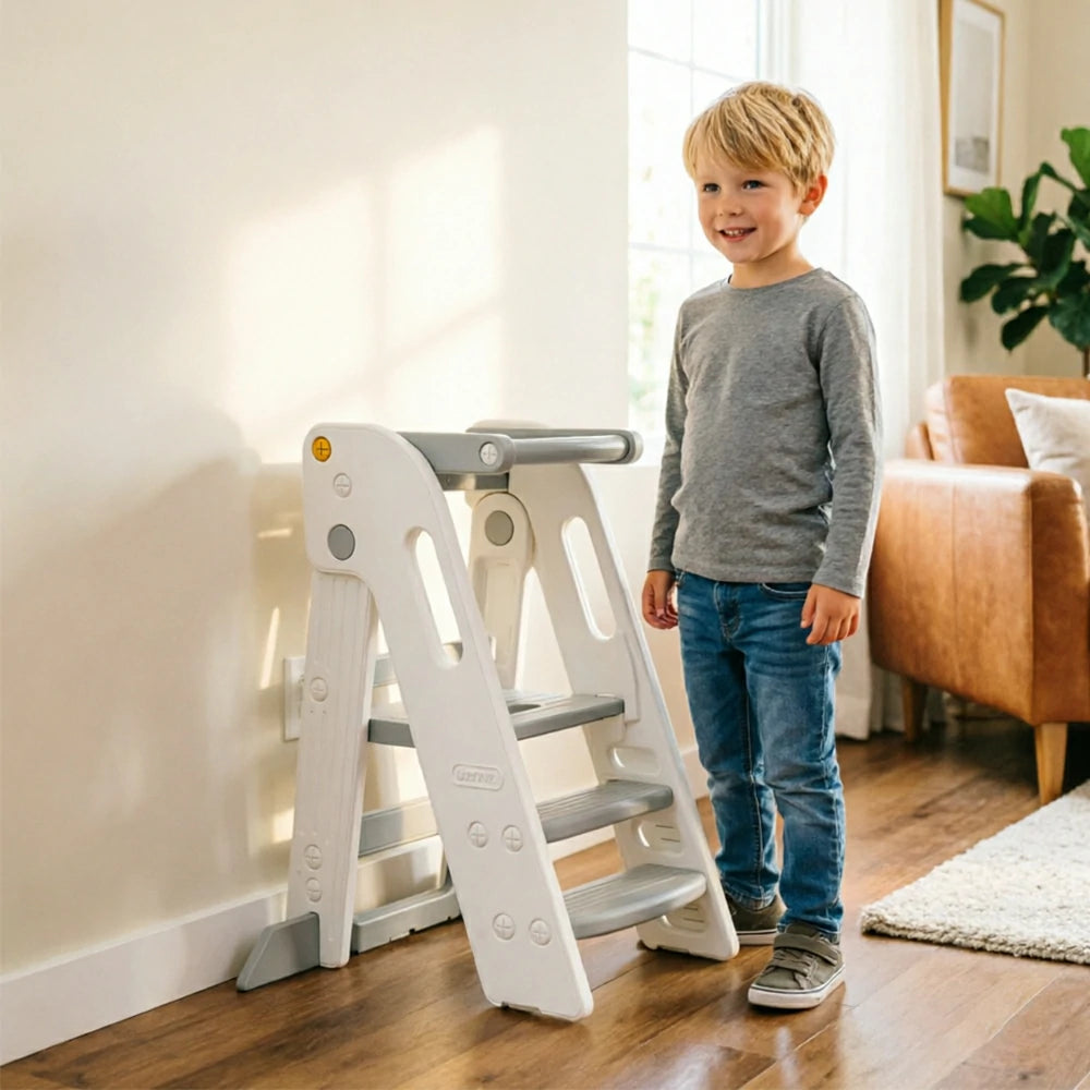LIVARA Kids Learning Step Stool with Foldable Design and Safety Guardrail for Kitchen Sink and Study Area - Grey