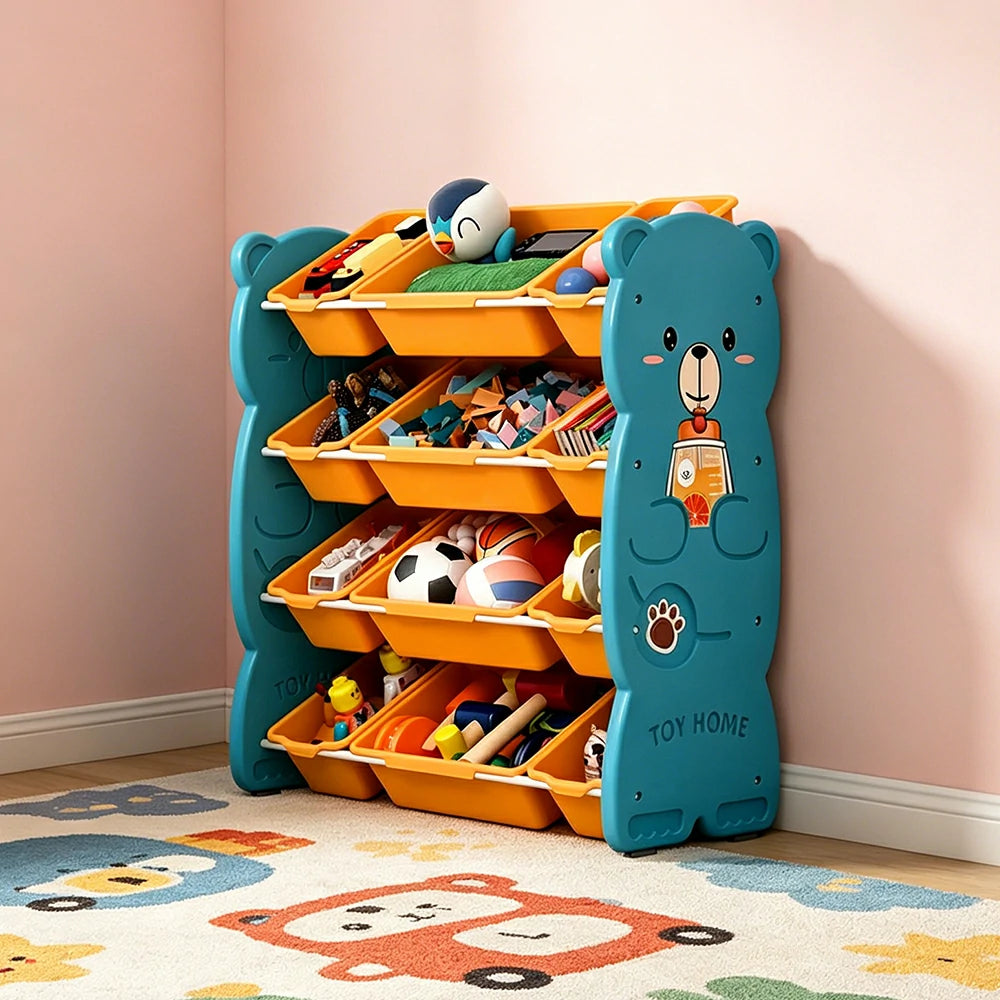 LIVARA Kids Toy Storage Rack with Multi-Zone Bins and Anti-Drop Design Hug Bear Theme 83cm for Kids Room and Playroom - Blue