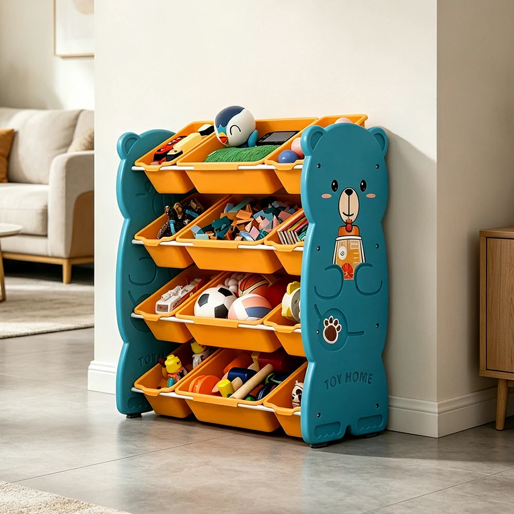 LIVARA Kids Toy Storage Rack with Multi-Zone Bins and Anti-Drop Design Hug Bear Theme 83cm for Kids Room and Playroom - Blue