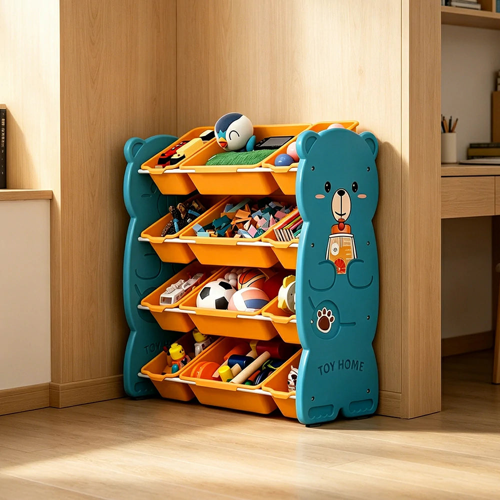LIVARA Kids Toy Storage Rack with Multi-Zone Bins and Anti-Drop Design Hug Bear Theme 83cm for Kids Room and Playroom - Blue