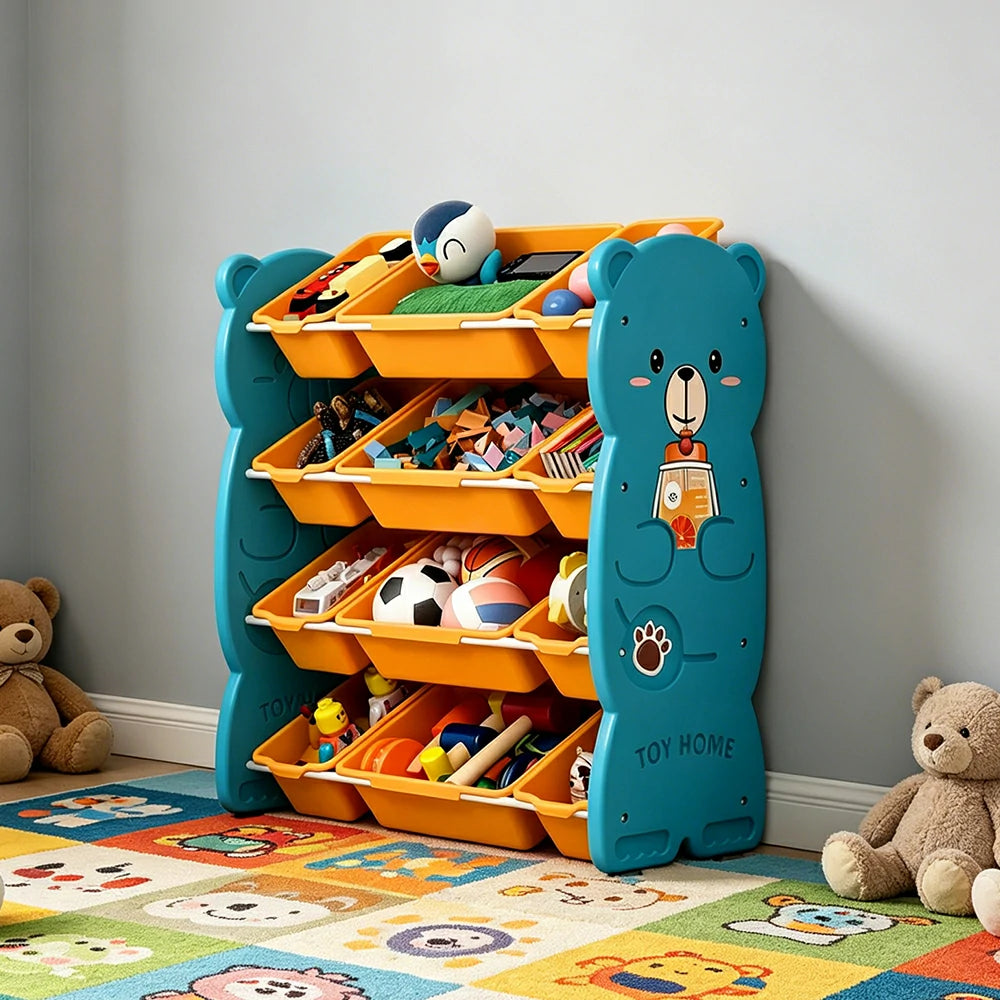 LIVARA Kids Toy Storage Rack with Multi-Zone Bins and Anti-Drop Design Hug Bear Theme 83cm for Kids Room and Playroom - Blue