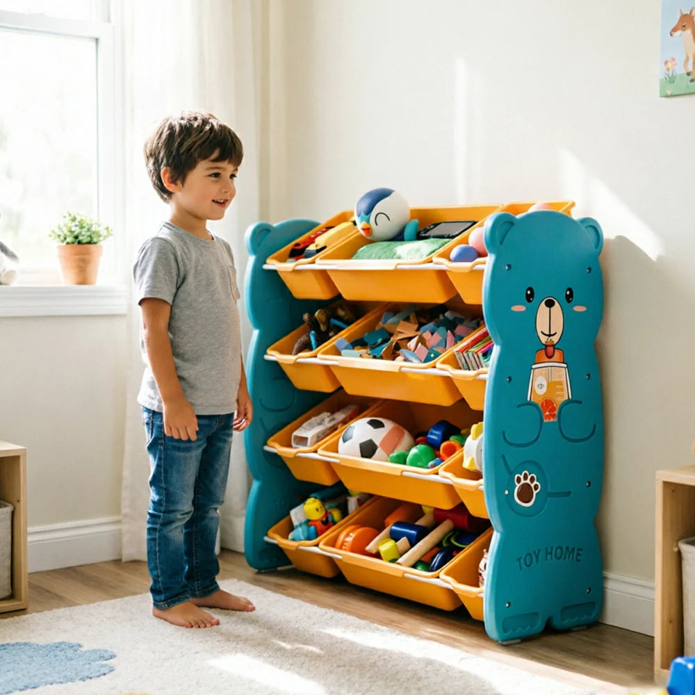 LIVARA Kids Toy Storage Rack with Multi-Zone Bins and Anti-Drop Design Hug Bear Theme 83cm for Kids Room and Playroom - Blue
