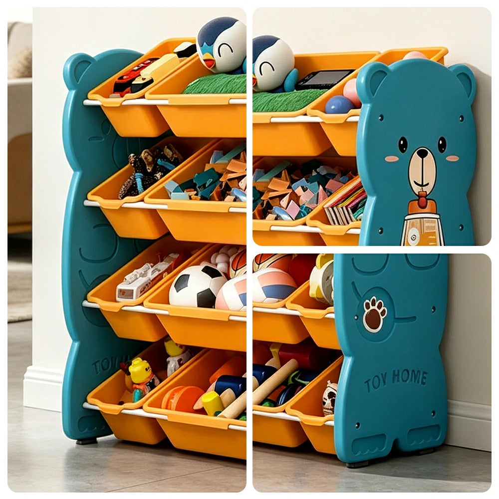 LIVARA Kids Toy Storage Rack with Multi-Zone Bins and Anti-Drop Design Hug Bear Theme 83cm for Kids Room and Playroom - Blue