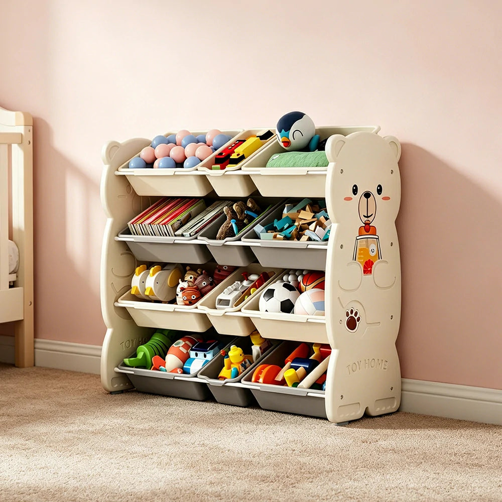 LIVARA Kids Toy Storage Rack with Multi-Zone Bins and Anti-Drop Design Hug Bear Theme 103cm for Kids Room and Playroom - Beige