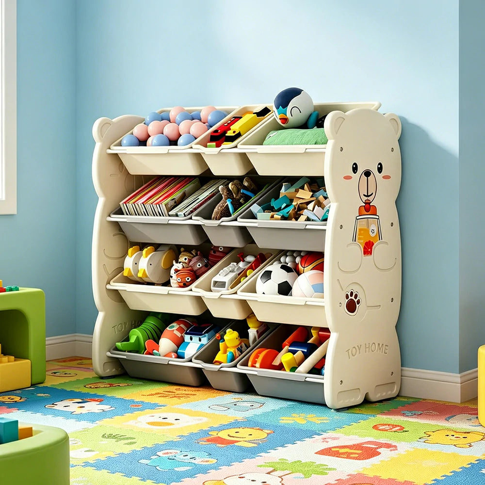 LIVARA Kids Toy Storage Rack with Multi-Zone Bins and Anti-Drop Design Hug Bear Theme 103cm for Kids Room and Playroom - Beige