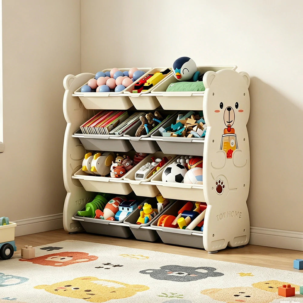 LIVARA Kids Toy Storage Rack with Multi-Zone Bins and Anti-Drop Design Hug Bear Theme 103cm for Kids Room and Playroom - Beige