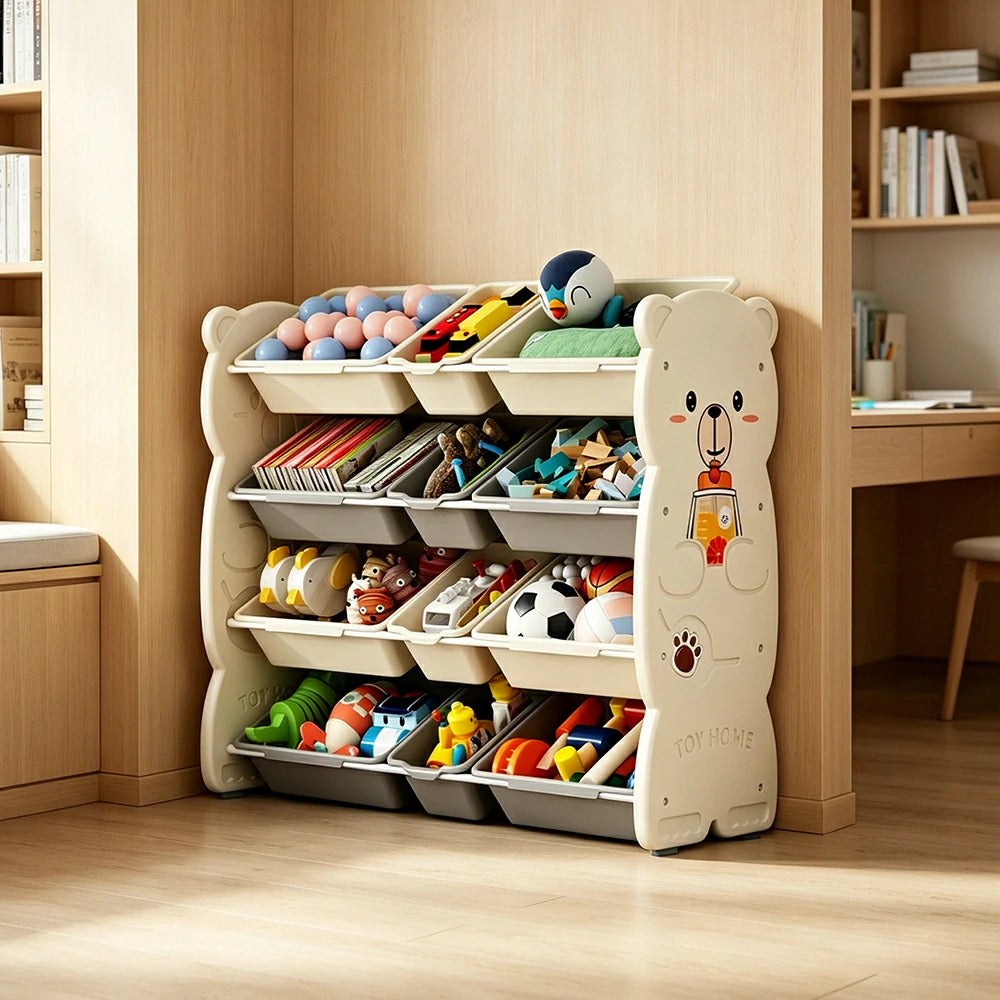 LIVARA Kids Toy Storage Rack with Multi-Zone Bins and Anti-Drop Design Hug Bear Theme 103cm for Kids Room and Playroom - Beige