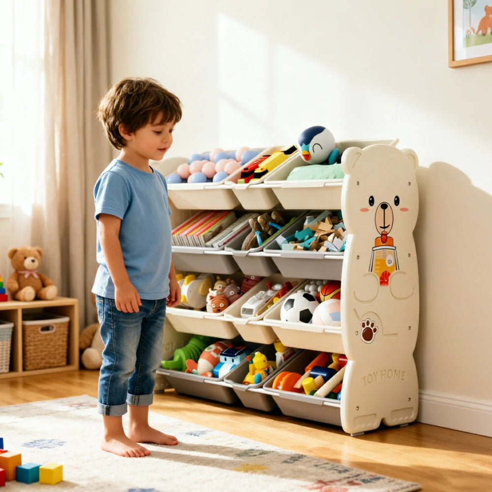 LIVARA Kids Toy Storage Rack with Multi-Zone Bins and Anti-Drop Design Hug Bear Theme 103cm for Kids Room and Playroom - Beige