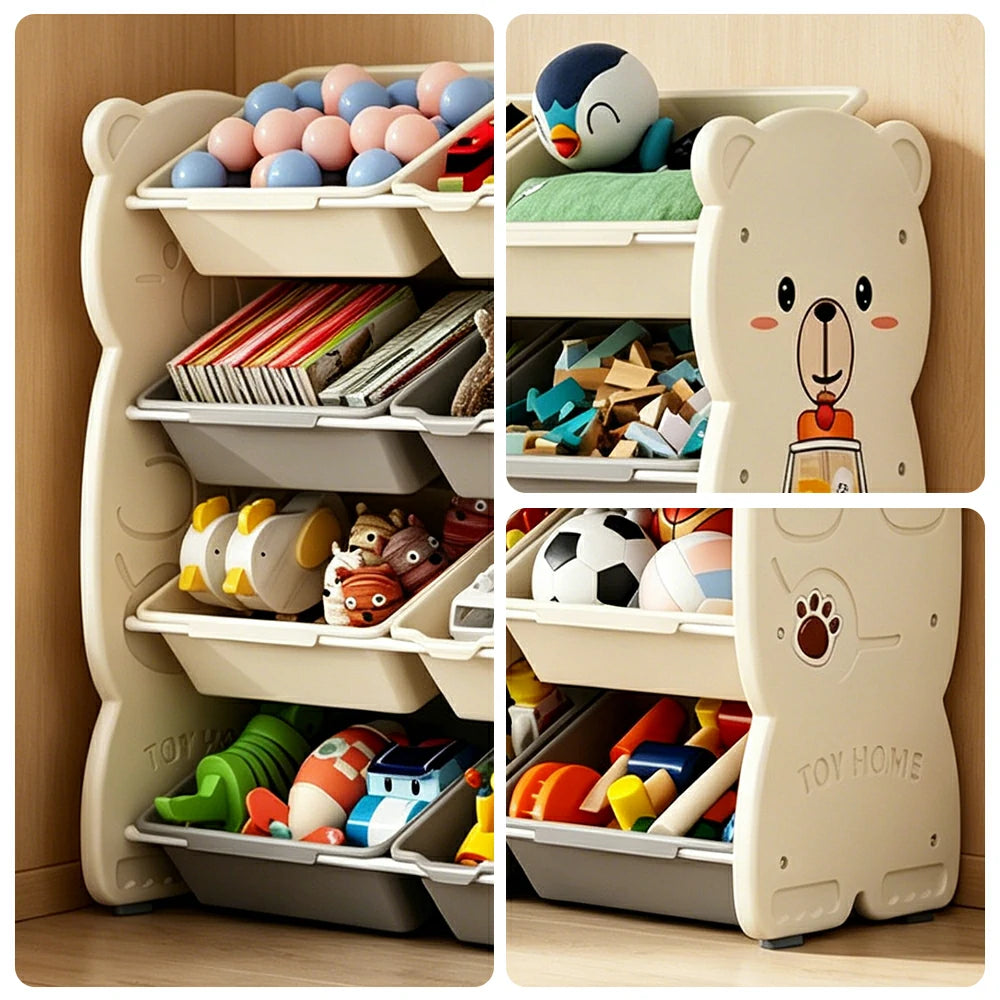 LIVARA Kids Toy Storage Rack with Multi-Zone Bins and Anti-Drop Design Hug Bear Theme 103cm for Kids Room and Playroom - Beige