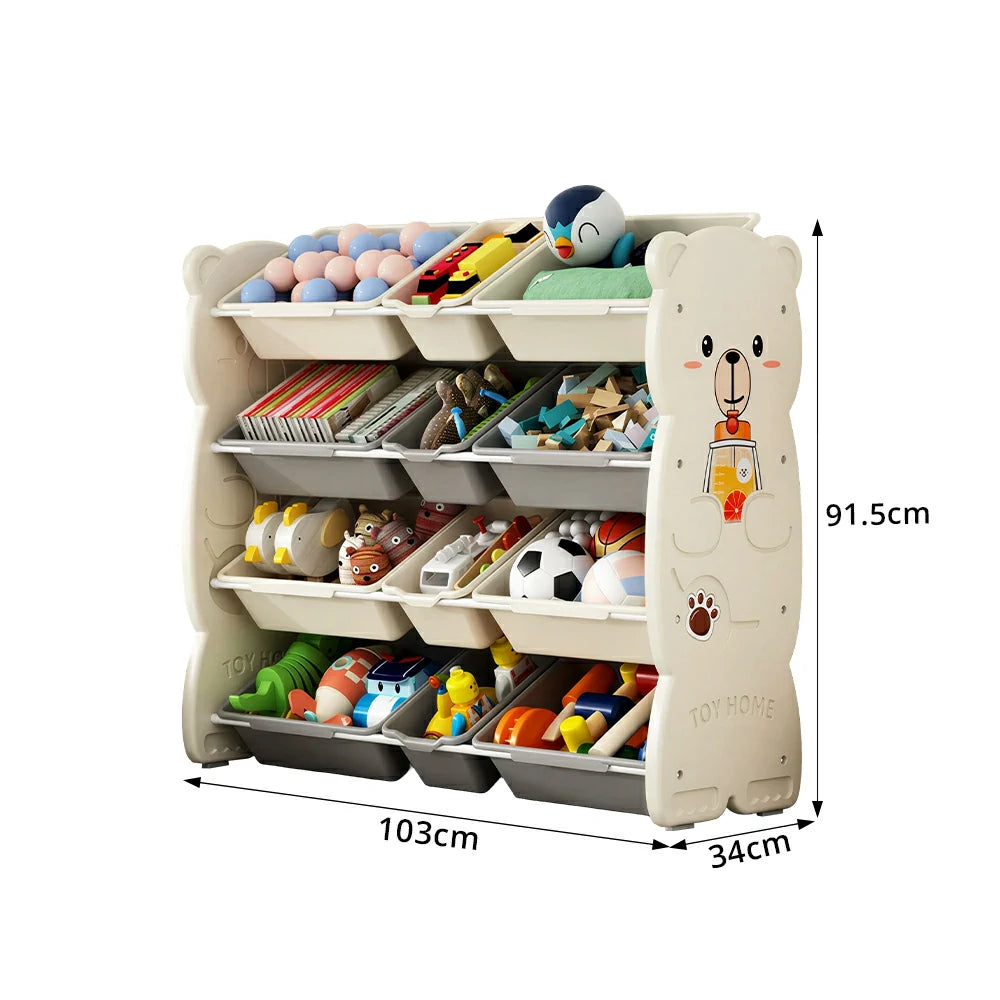 LIVARA Kids Toy Storage Rack with Multi-Zone Bins and Anti-Drop Design Hug Bear Theme 103cm for Kids Room and Playroom - Beige