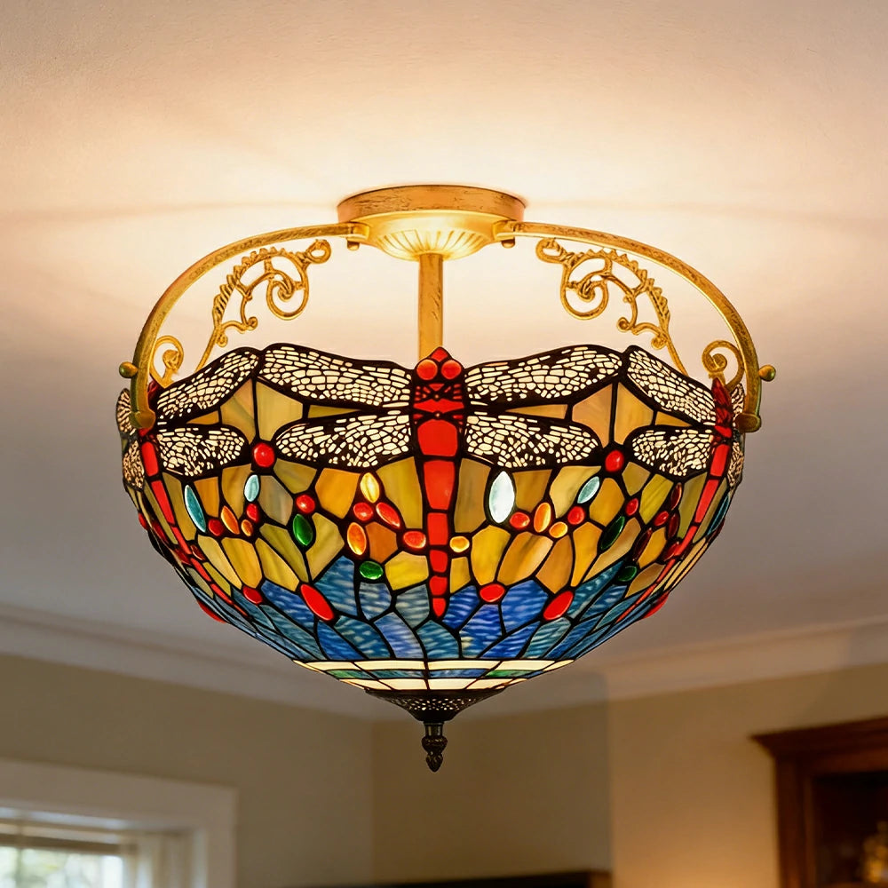 LIVARA European Vintage Blue Dragonfly Pattern Stained Glass Ceiling Light 3-Light Design Even Lighting 42x38cm Suitable for Living Room Bedroom Dining Hallway