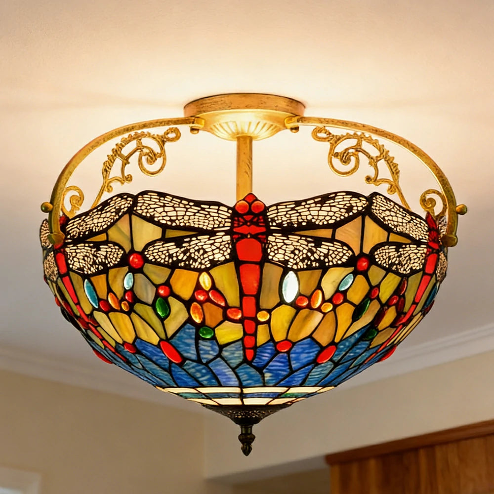 LIVARA European Vintage Blue Dragonfly Pattern Stained Glass Ceiling Light 3-Light Design Even Lighting 42x38cm Suitable for Living Room Bedroom Dining Hallway