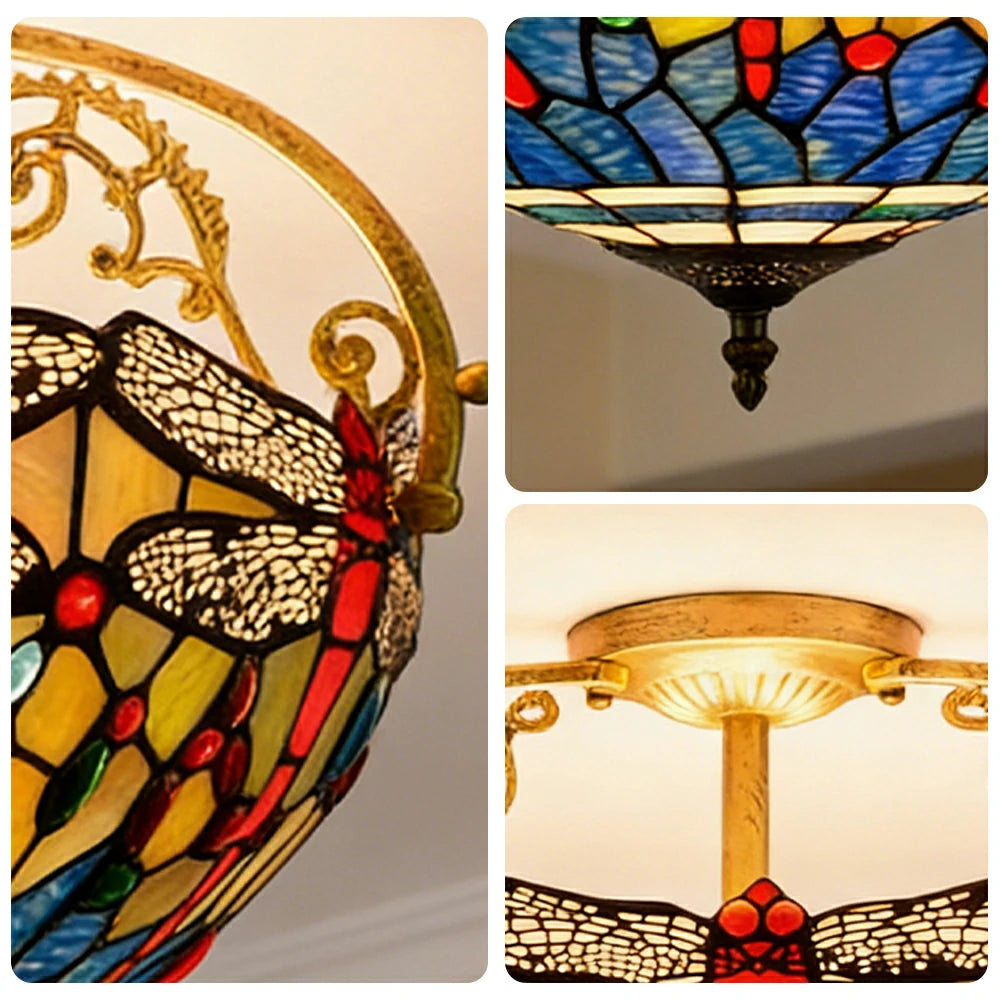 LIVARA European Vintage Blue Dragonfly Pattern Stained Glass Ceiling Light 3-Light Design Even Lighting 42x38cm Suitable for Living Room Bedroom Dining Hallway