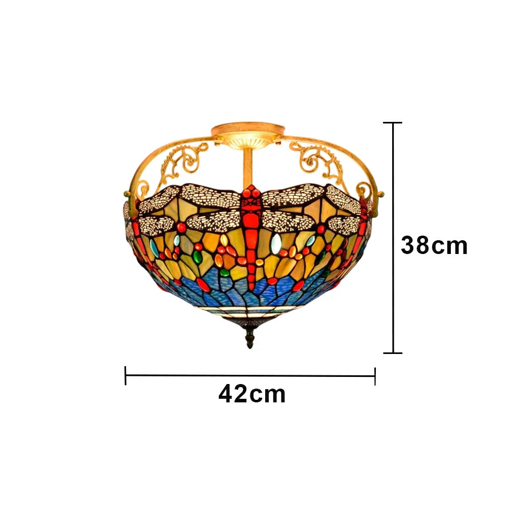 LIVARA European Vintage Blue Dragonfly Pattern Stained Glass Ceiling Light 3-Light Design Even Lighting 42x38cm Suitable for Living Room Bedroom Dining Hallway
