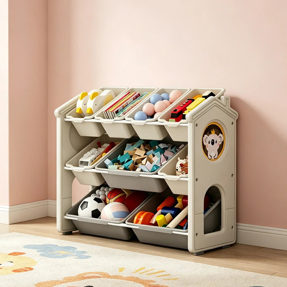 LIVARA Kids Toy Storage Rack with Multi-Zone Bins and Anti-Drop Design Koala Theme 83.5cm for Kids Room and Playroom - Beige