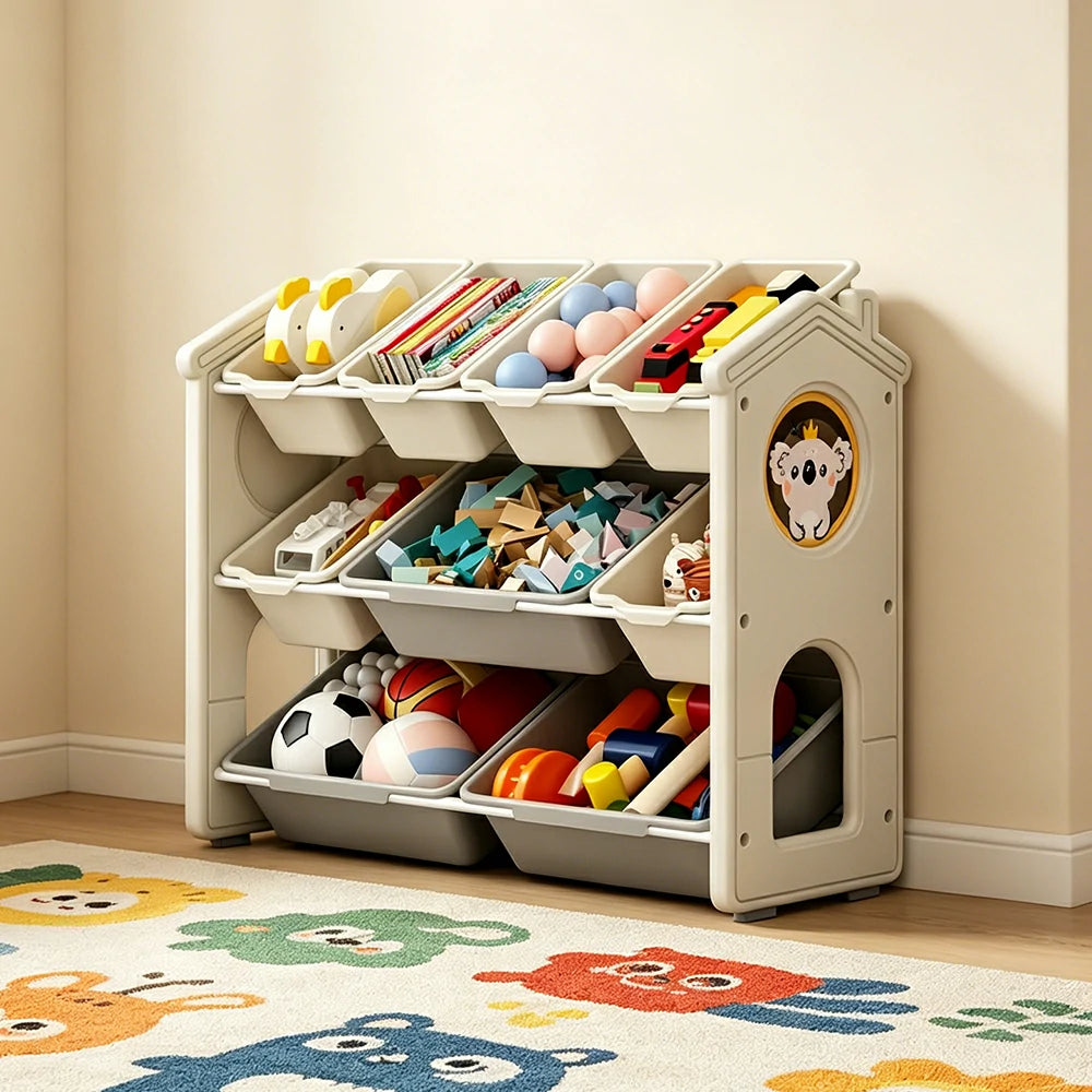 LIVARA Kids Toy Storage Rack with Multi-Zone Bins and Anti-Drop Design Koala Theme 83.5cm for Kids Room and Playroom - Beige