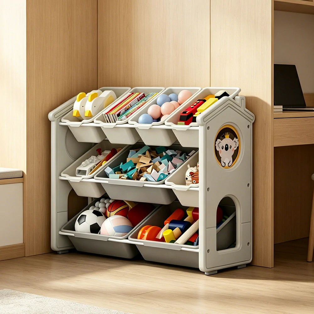 LIVARA Kids Toy Storage Rack with Multi-Zone Bins and Anti-Drop Design Koala Theme 83.5cm for Kids Room and Playroom - Beige