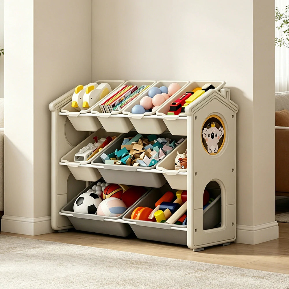 LIVARA Kids Toy Storage Rack with Multi-Zone Bins and Anti-Drop Design Koala Theme 83.5cm for Kids Room and Playroom - Beige