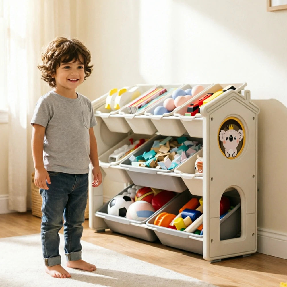 LIVARA Kids Toy Storage Rack with Multi-Zone Bins and Anti-Drop Design Koala Theme 83.5cm for Kids Room and Playroom - Beige
