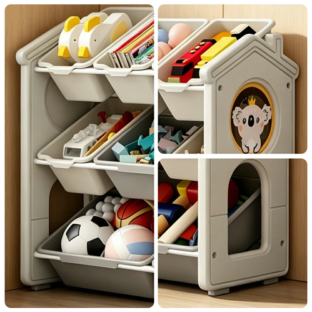LIVARA Kids Toy Storage Rack with Multi-Zone Bins and Anti-Drop Design Koala Theme 83.5cm for Kids Room and Playroom - Beige