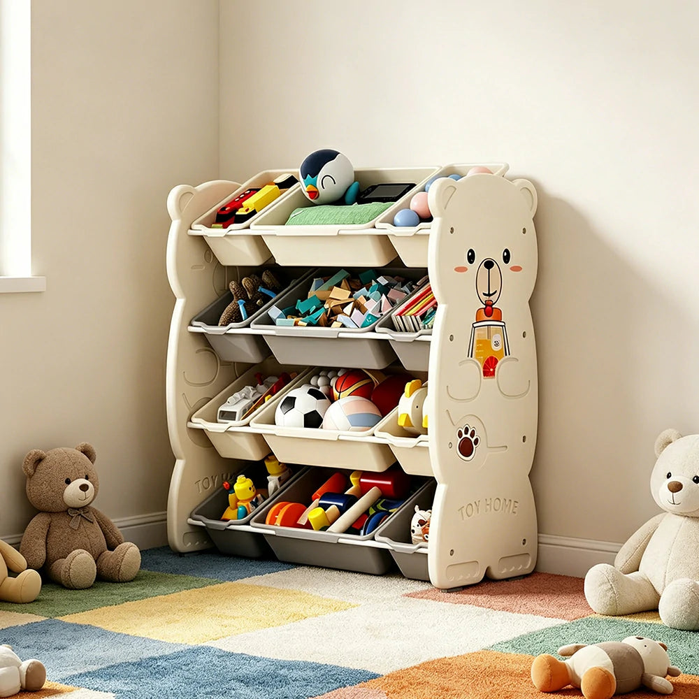 LIVARA Kids Toy Storage Rack with Multi-Zone Bins and Anti-Drop Design Hug Bear Theme 83cm for Kids Room and Playroom - Beige