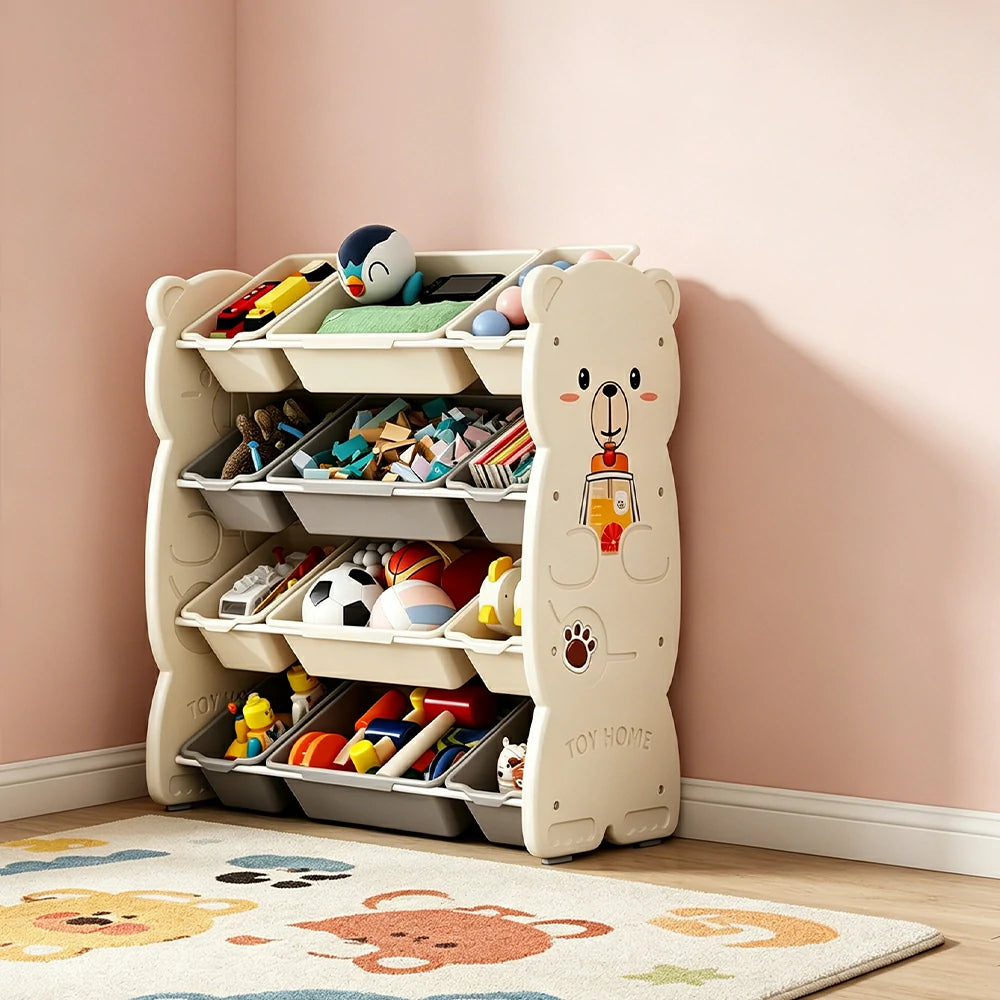 LIVARA Kids Toy Storage Rack with Multi-Zone Bins and Anti-Drop Design Hug Bear Theme 83cm for Kids Room and Playroom - Beige