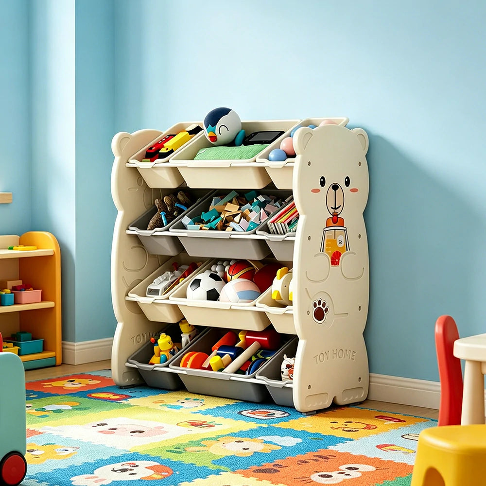 LIVARA Kids Toy Storage Rack with Multi-Zone Bins and Anti-Drop Design Hug Bear Theme 83cm for Kids Room and Playroom - Beige