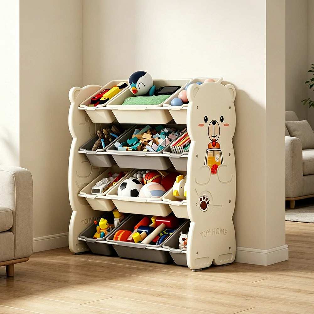 LIVARA Kids Toy Storage Rack with Multi-Zone Bins and Anti-Drop Design Hug Bear Theme 83cm for Kids Room and Playroom - Beige