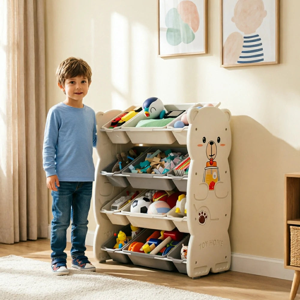 LIVARA Kids Toy Storage Rack with Multi-Zone Bins and Anti-Drop Design Hug Bear Theme 83cm for Kids Room and Playroom - Beige