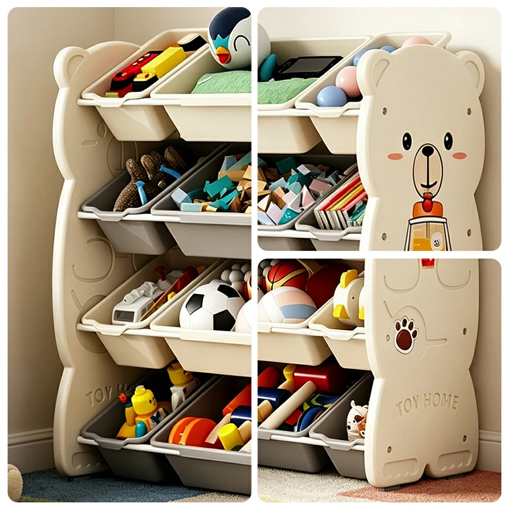 LIVARA Kids Toy Storage Rack with Multi-Zone Bins and Anti-Drop Design Hug Bear Theme 83cm for Kids Room and Playroom - Beige