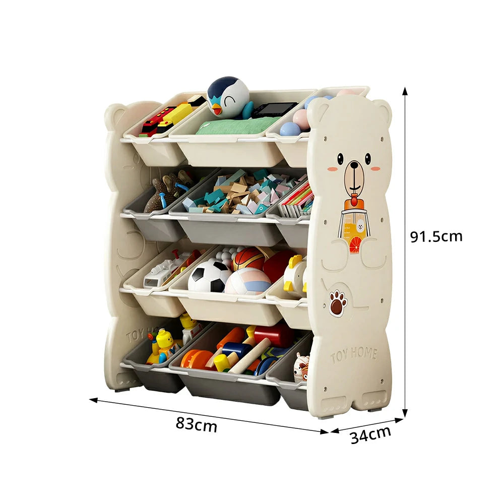 LIVARA Kids Toy Storage Rack with Multi-Zone Bins and Anti-Drop Design Hug Bear Theme 83cm for Kids Room and Playroom - Beige