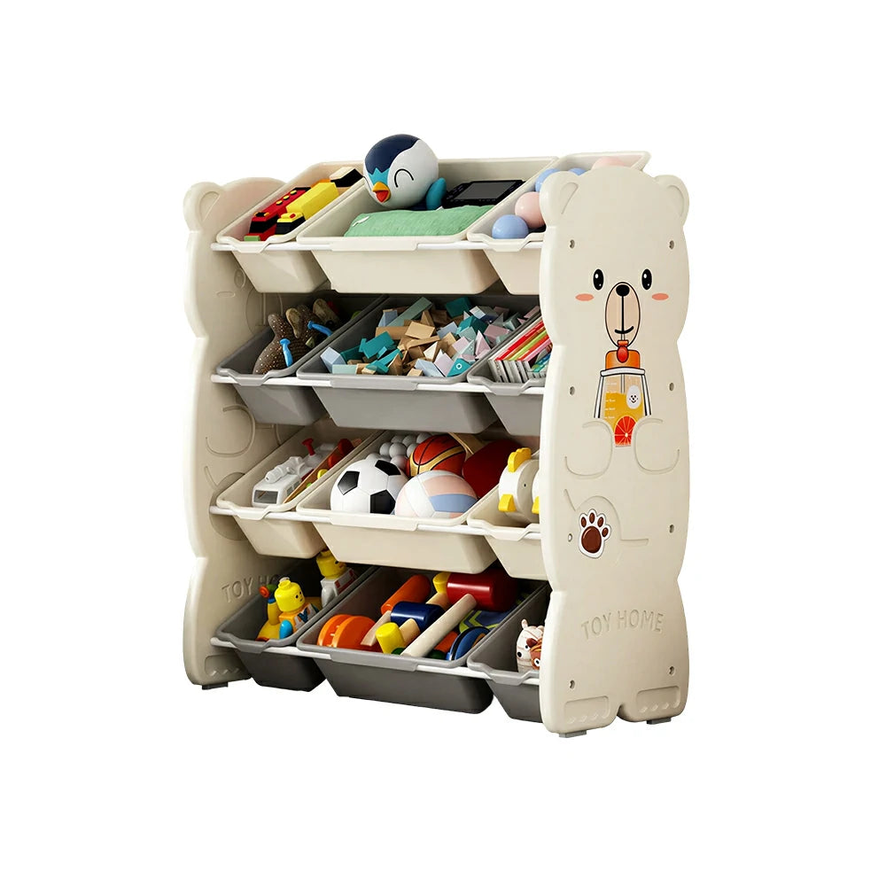 LIVARA Kids Toy Storage Rack with Multi-Zone Bins and Anti-Drop Design Hug Bear Theme 83cm for Kids Room and Playroom - Beige